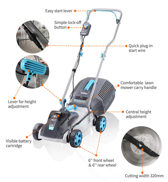swift 40V Cordless Lawnmower with battery and charger, Brushless motor, 32cm cutting width,Mulching, 30L Grass Box, 5 Cutting Heights, including 1pc 2.0Ah Battery and Charger