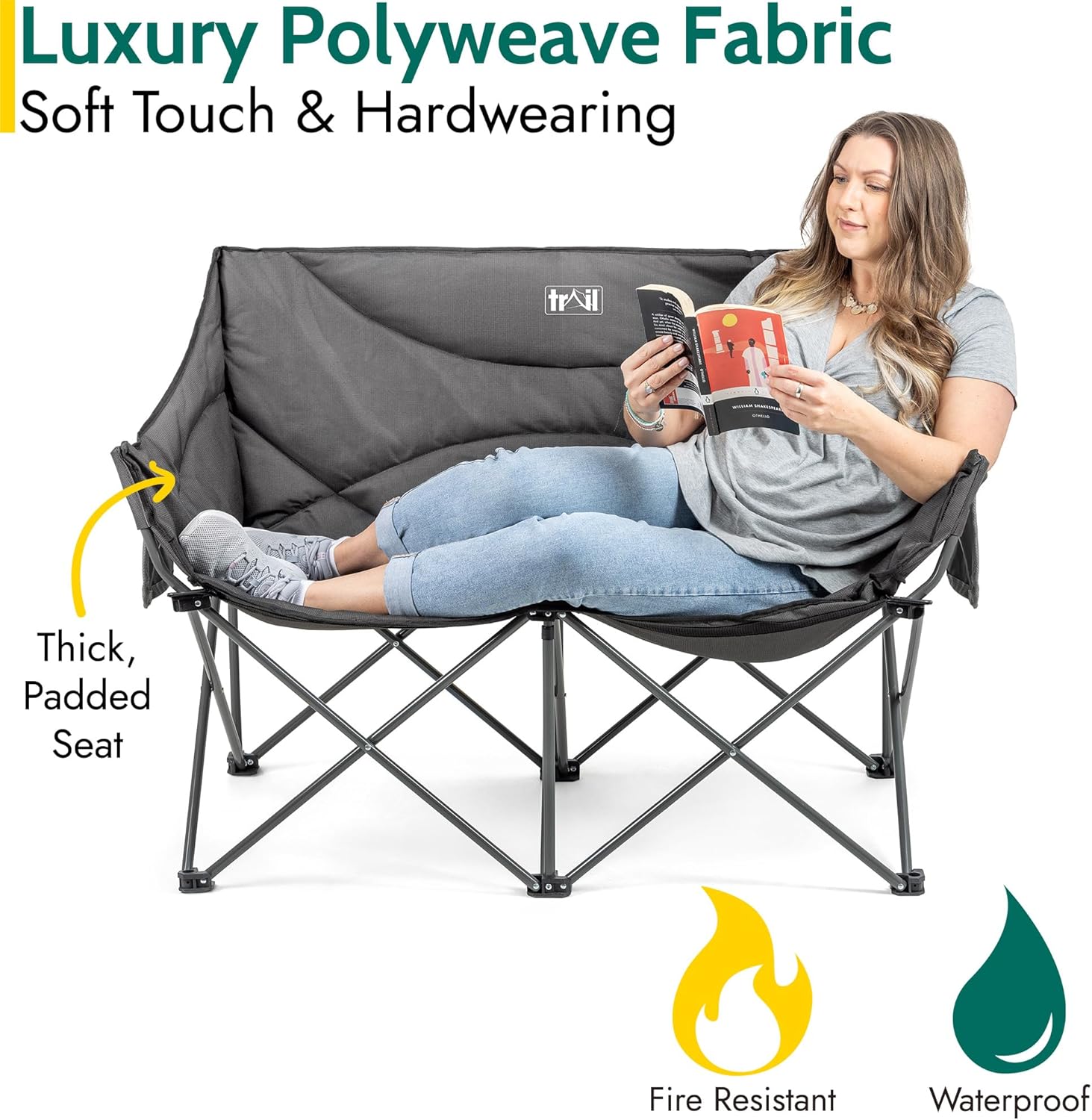 Trail Double Camping Chair for Adults, Folding Padded 2 Seater, Sturdy Heavy Duty Steel, Luxury Duoweave Fabric, Lightweight Compact, Outdoor Fishing Garden, Pocket, Carry Bag (H88cm x W120cm x D53cm)