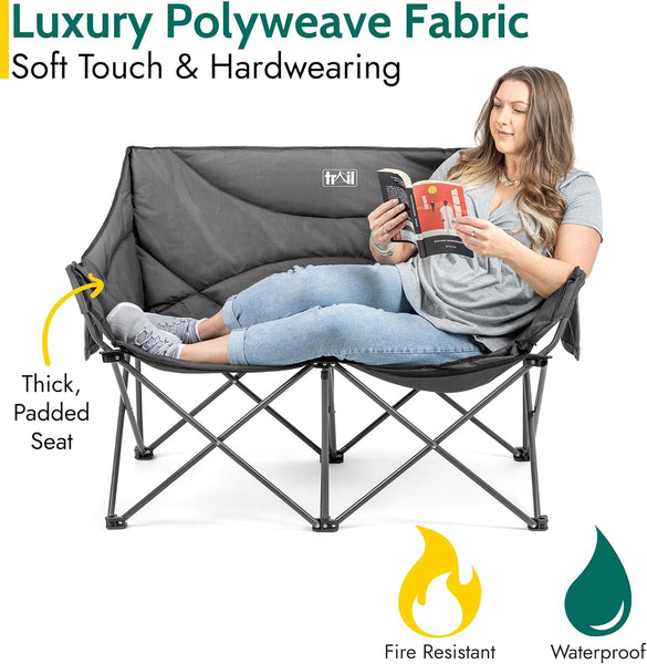 Trail Double Camping Chair for Adults, Folding Padded 2 Seater, Sturdy Heavy Duty Steel, Luxury Duoweave Fabric, Lightweight Compact, Outdoor Fishing Garden, Pocket, Carry Bag (H88cm x W120cm x D53cm)