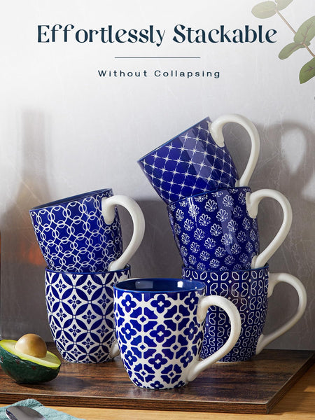 DOWAN Coffee Mugs Set of 6-19oz/560ml Ceramic Mugs Set - Large Tea Coffee and Hot Chocolate Cups - Oriental Classic Pattern Mugs - Great Gift for