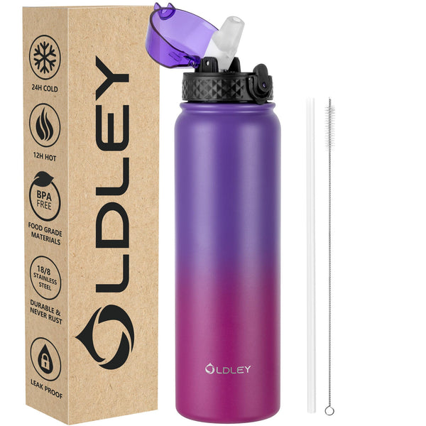 OLDLEY Stainless Steel Water Bottle with Straw 1L Vaccum Insulated Large Drink Flask Metal Water Bottles 1 Litre Leakproof Keep Drinks Hot Cold for Sports Gym with Different Lids(Purple Green, 3 Lids)