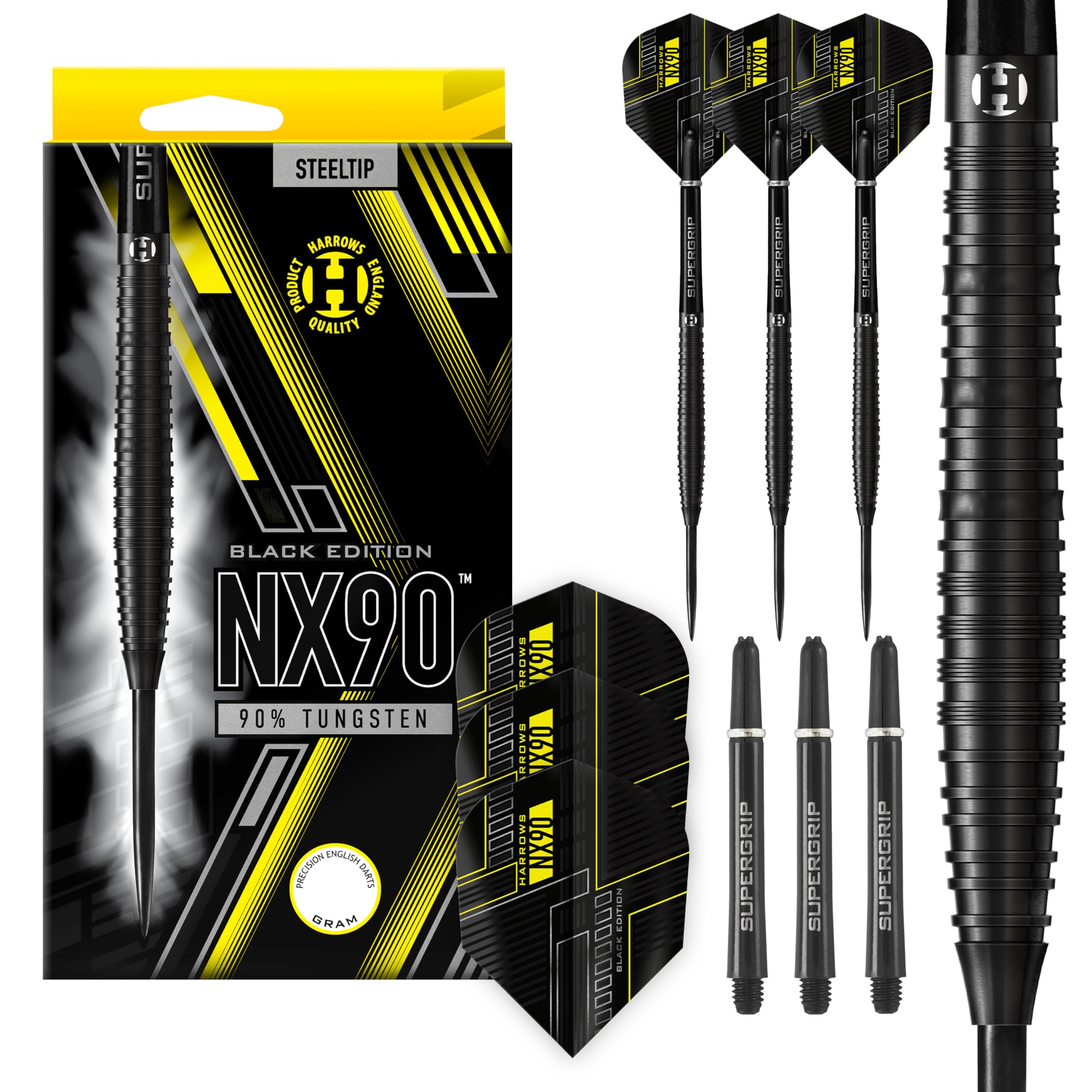 Harrows NX90 BLACK EDITION 90% Tungsten Steel Tip Darts Set 21g, 22g, 23g, 24g, 25g & 26g - Includes Black Supergrip Midi Shafts & Micron NX90 Flights