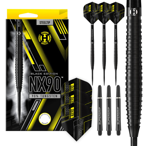 Harrows NX90 BLACK EDITION 90% Tungsten Steel Tip Darts Set 21g, 22g, 23g, 24g, 25g & 26g - Includes Black Supergrip Midi Shafts & Micron NX90 Flights