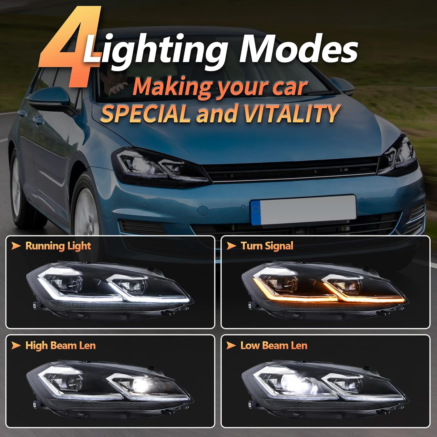 VLAND Headlights for Golf 7.5 MK7.5 2017-2020 Front Lights with Sequential Indicator, not fit GTI/R line/MK7, not include bulbs, E-mark, One Pair