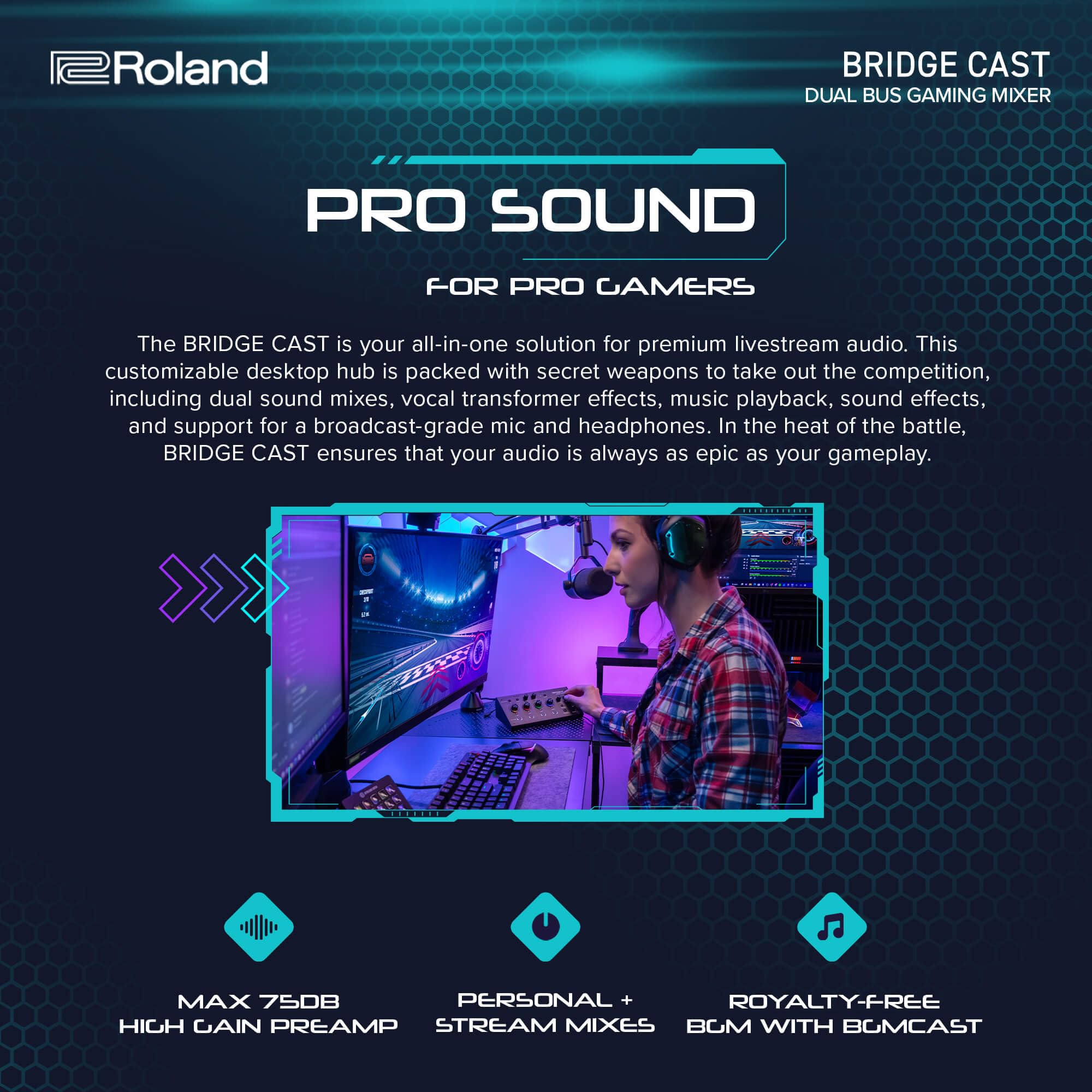 Roland BRIDGE CAST ONE Dual Bus Streaming Mixer Compact Audio Streaming Mixer For Online Gamers & Content Creators 32-Bit Hardware DSP USB-C Windows and Mac Connectivity XLR Mic Support
