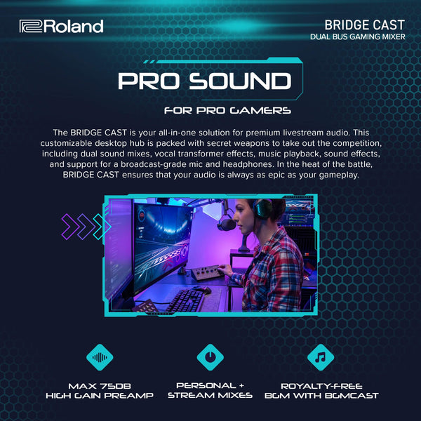 Roland BRIDGE CAST ONE Dual Bus Streaming Mixer Compact Audio Streaming Mixer For Online Gamers & Content Creators 32-Bit Hardware DSP USB-C Windows and Mac Connectivity XLR Mic Support