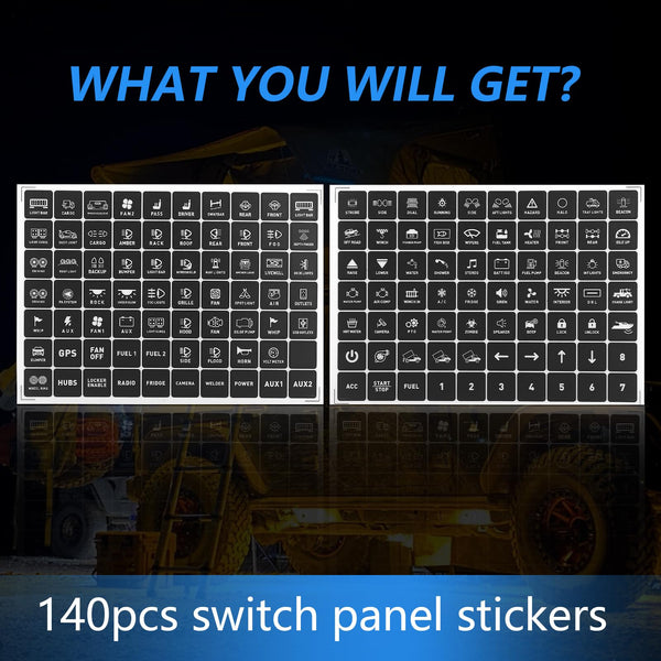 Chelhead 140PCS Vehicle Switch Panel Stickers for P2-6/8/12 Gang Switch Panel Universal Waterproof Multi-Function Button Control Rocker Labels Compatible with Car Dashboard, Boat, RV, Truck