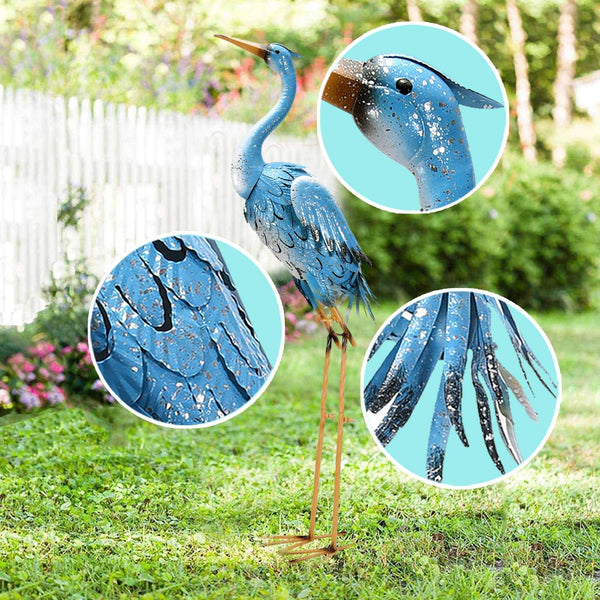 Goodeco 96cm Standing Blue Metal Crane Statue Garden Ornaments - Indoor/Outdoor Heron Garden animal Sculpture Gifts Idea for