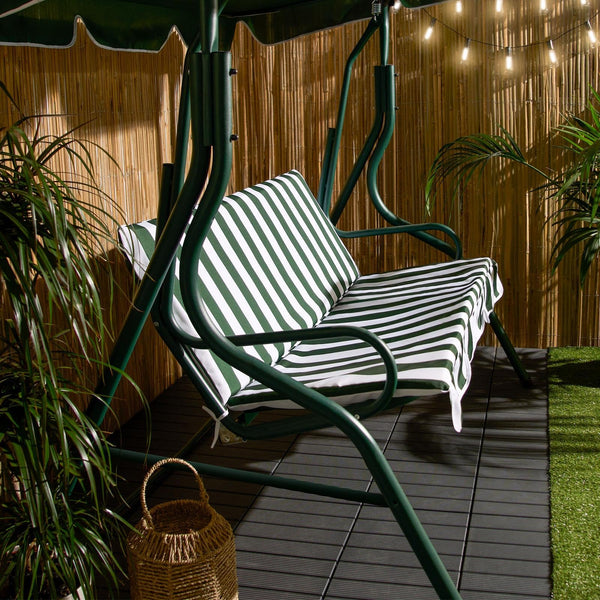 OHS Garden Swing Bench, 3 Seater Swing Seat Outdoor with Adjustable Canopy & Cushioned Seats Relaxing Comfy Outdoor Patio Hammock Bench, Grey/White Stripe