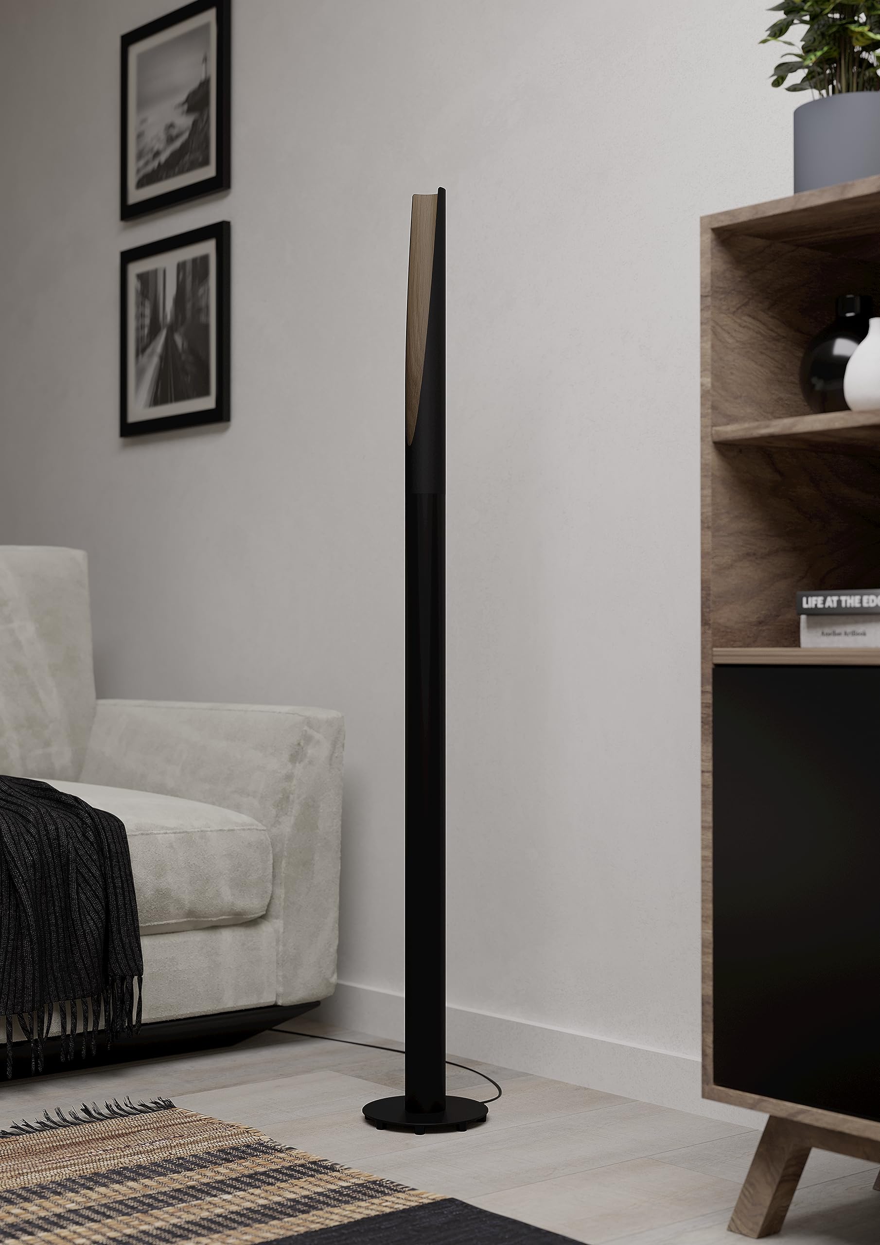 Eglo LED Floor lamp Barbotto, Elegant Corner floorlamp, Standing lamp Made of Steel in Black and Wood in Natural Colour, FSC Certified, Living Room