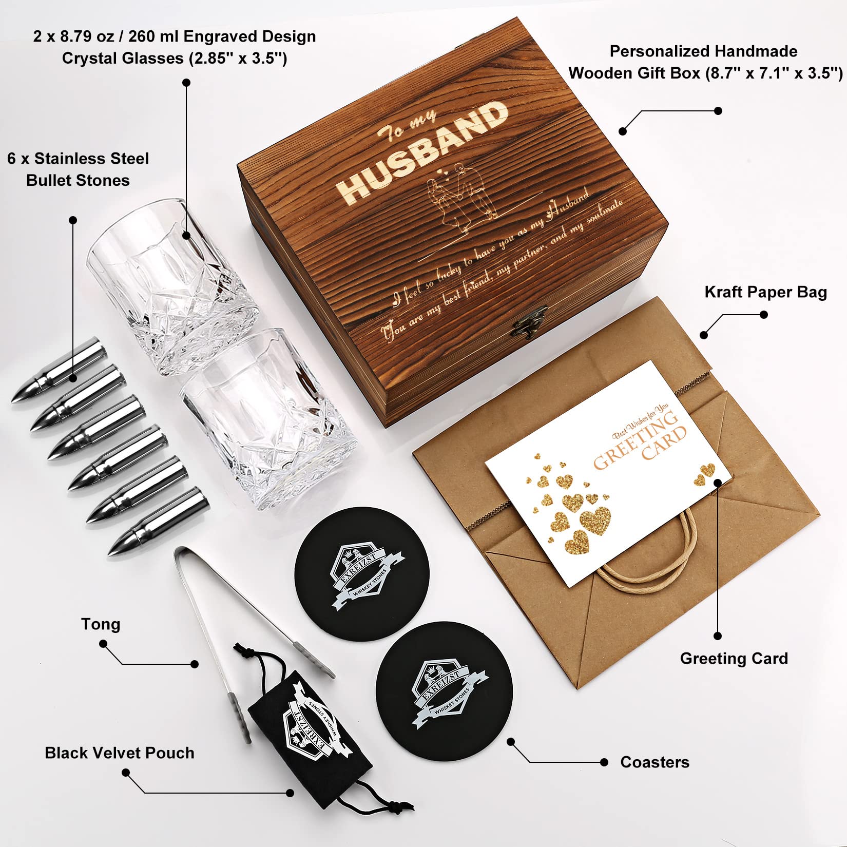 exreizst Whiskey gift sets for Men Husband Groomsmen Gifts Wedding Men Birthday Gift Ideas from Wife - Stainless Steel Whiskey Stones & whisky gift