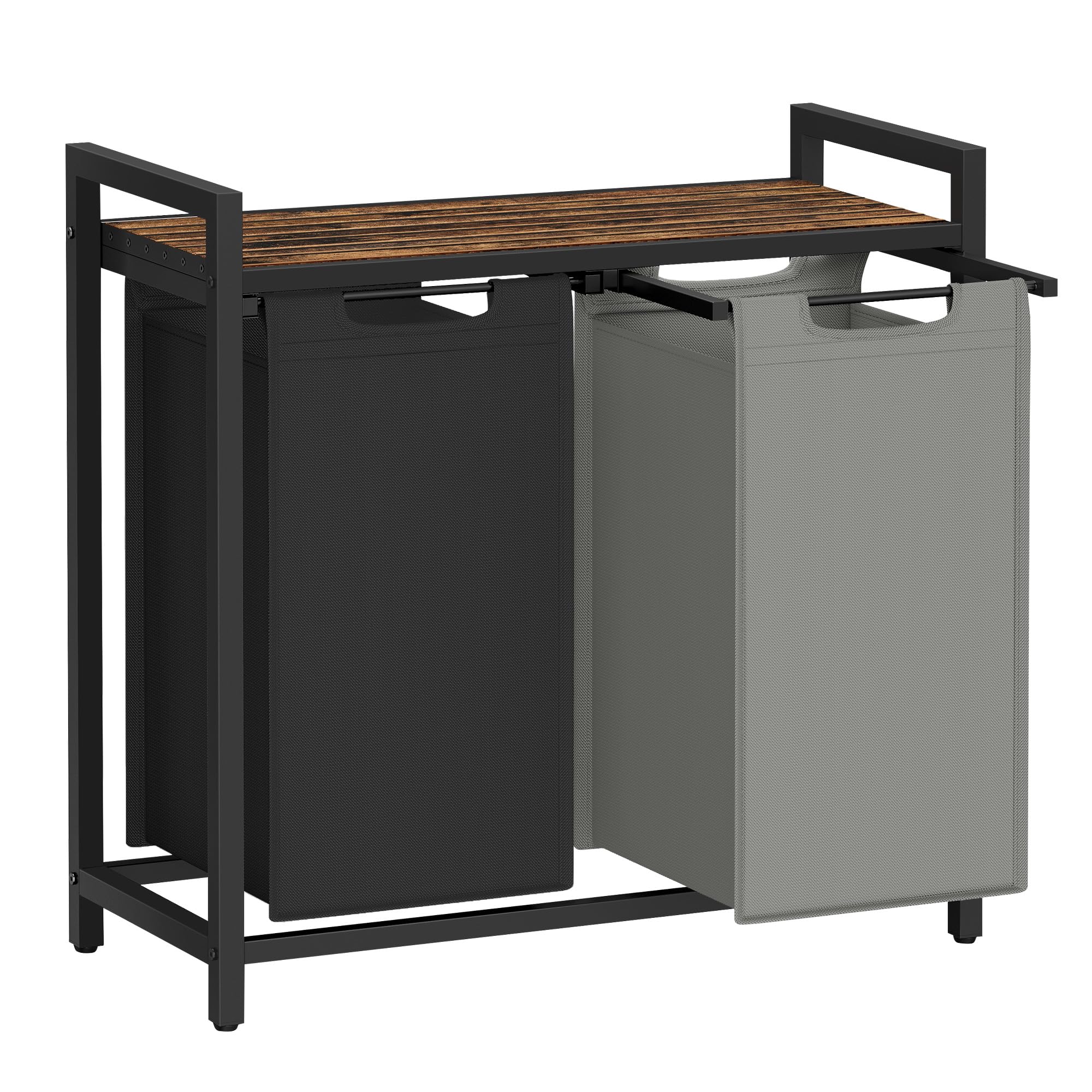 VASAGLE Laundry Basket, Laundry Hamper, Pull-Out and Removable Liner Bag, Shelf, Metal Frame, 65 L, 50 x 33 x 72 cm, Ink Black and Rustic Brown BLH101B01