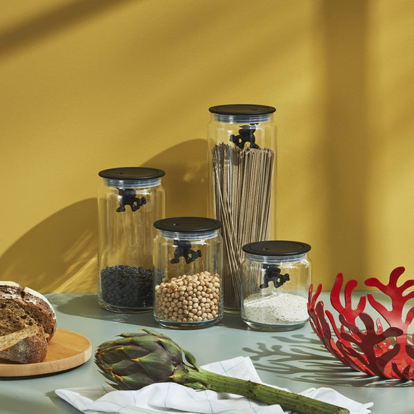 Alessi Glass Gianni Jar A Little Man Holding On Tight Extra Large Kitchen Box with Hermetic Lid in Thermoplastic Resin, Black, 2000 ml