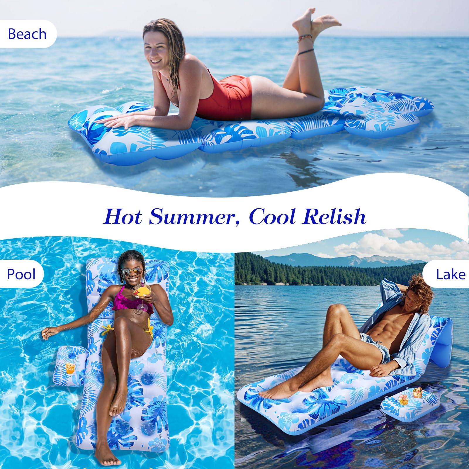 MoKo Pool Floats Adult, Floating Bed with Ice Bar, Tanning Bed Pool Raft Inflatable Lounger with Drink Holder Tanning Chair Inflatable Pool Toys for Party Beach Backyard