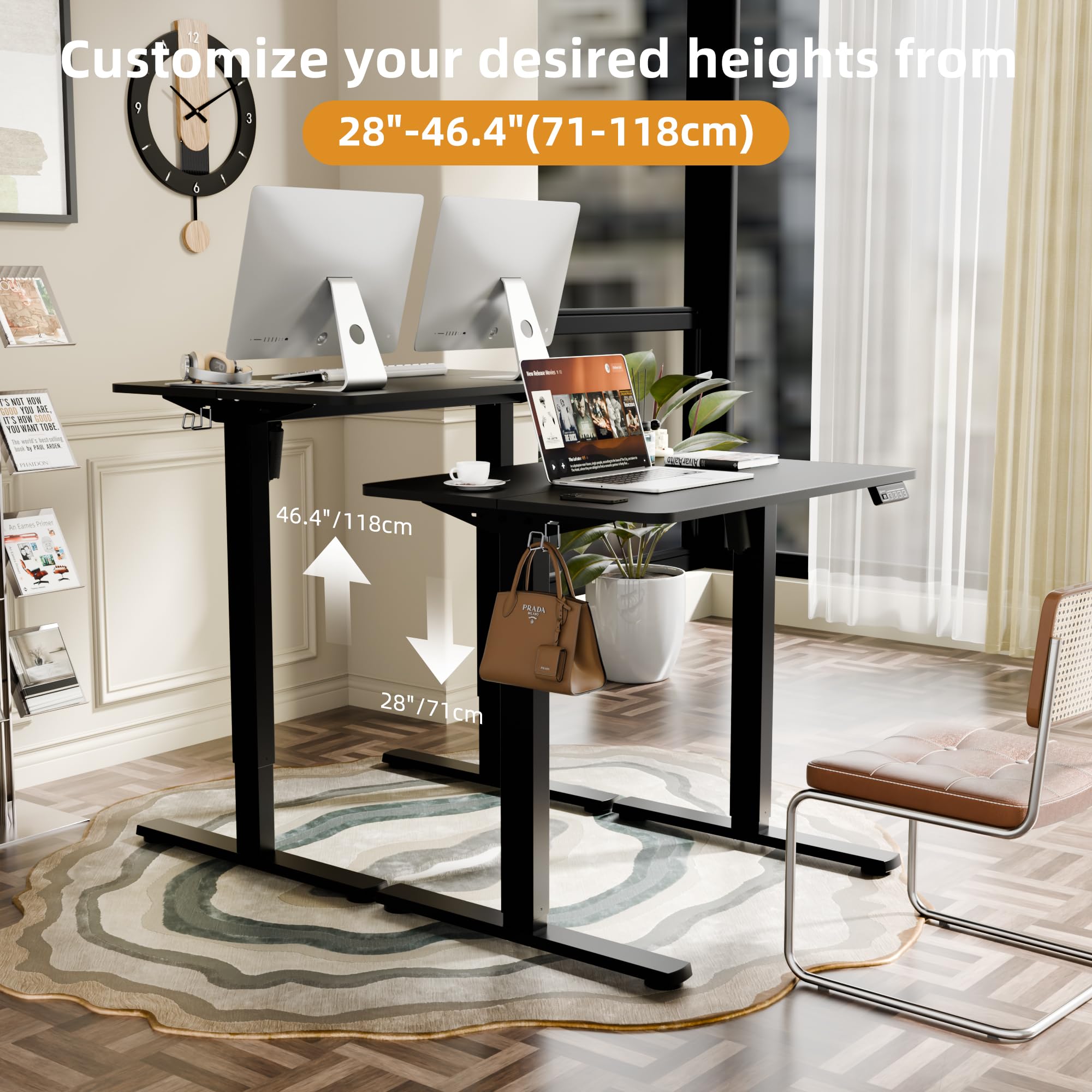 ERGOMAKER Electric Height Adjustable Standing Desk 80x60cm (31.5"x23.6"), Sit Stand Desk with Splicing Top for Home Office (Black Frame + Black Desktop)