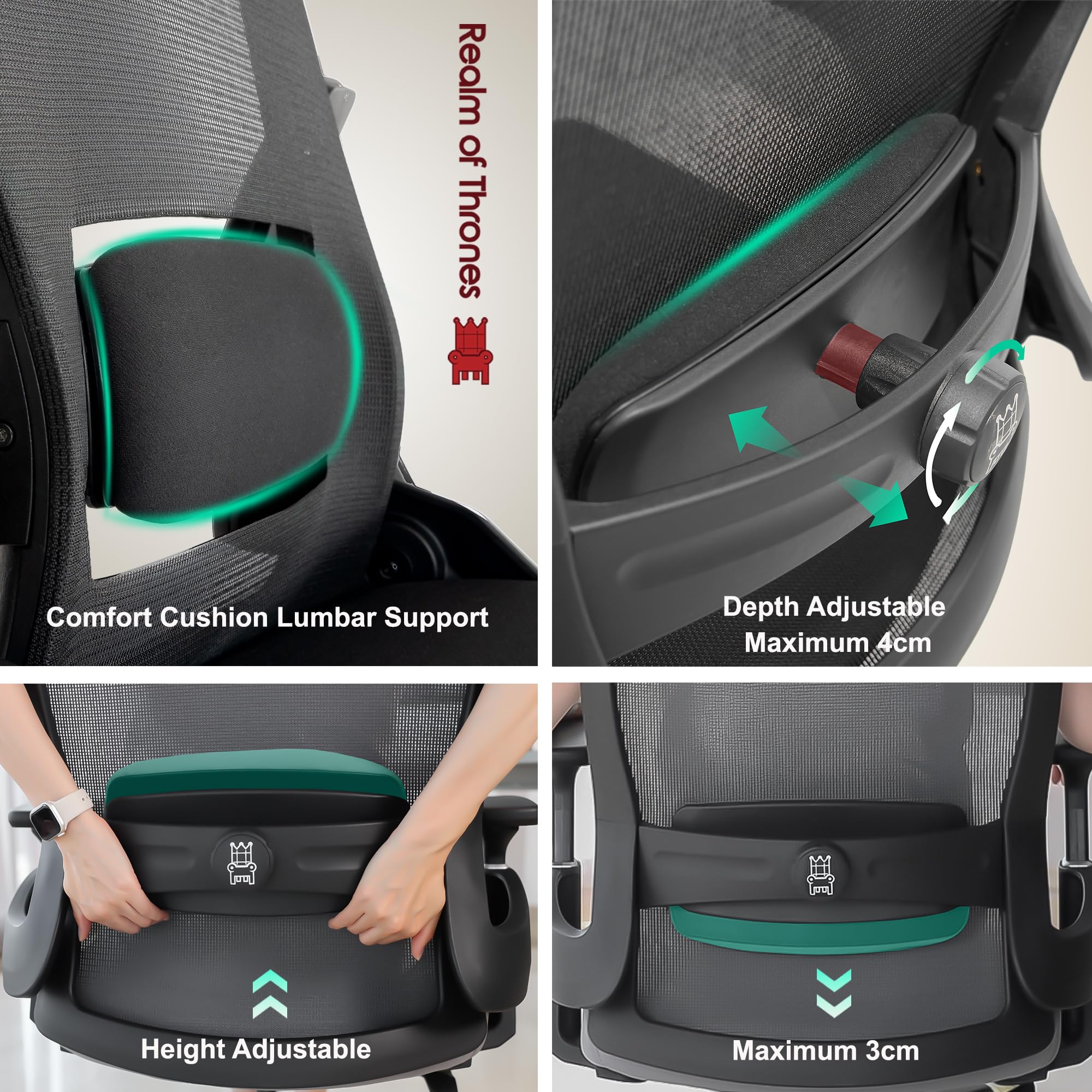 Realm of Thrones CAPTAIN Ergonomic Office Chair for Home, Heavy Duty Steel Base, Versatile Flip-up Armrests, Adjustable Lumbar Support, Mesh Back Comfort Cushion Seat for Computer Desk/Gaming (Black)