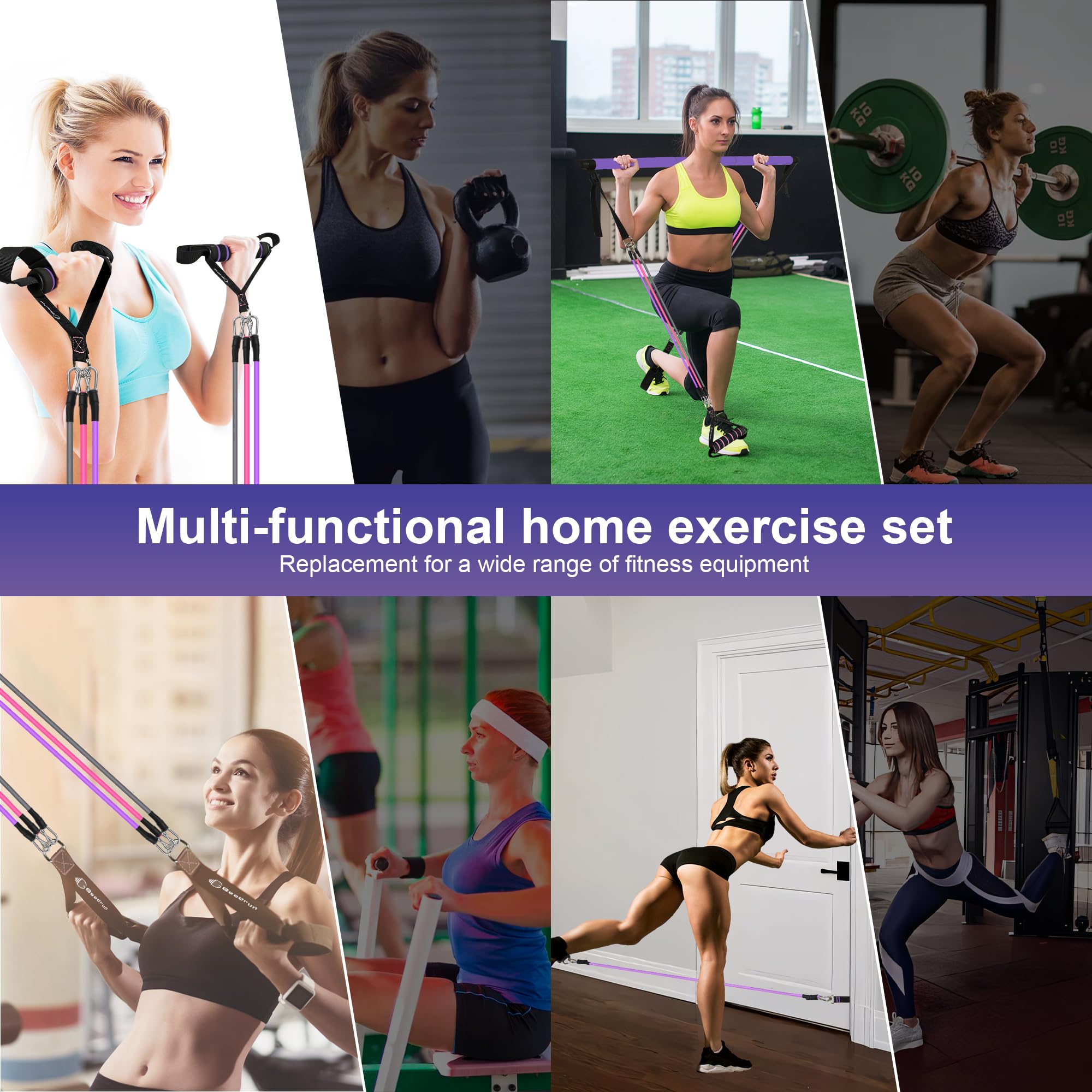 Multifunctional Pilates Bar Kit Home Gym, Resistance Bands Set with Handles and Door Anchor and Extension Straps - with Fitness Poster and Video