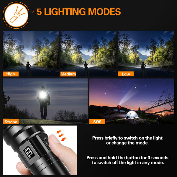Relybo Torches LED Super Bright Rechargeable, Flashlight 500000 Lumens XHQ99 Torches Battery Powered, Tactical LED Torch Rechargeable, Powerful Torch Flash Light for Dog Walking Camping Emergency Gift