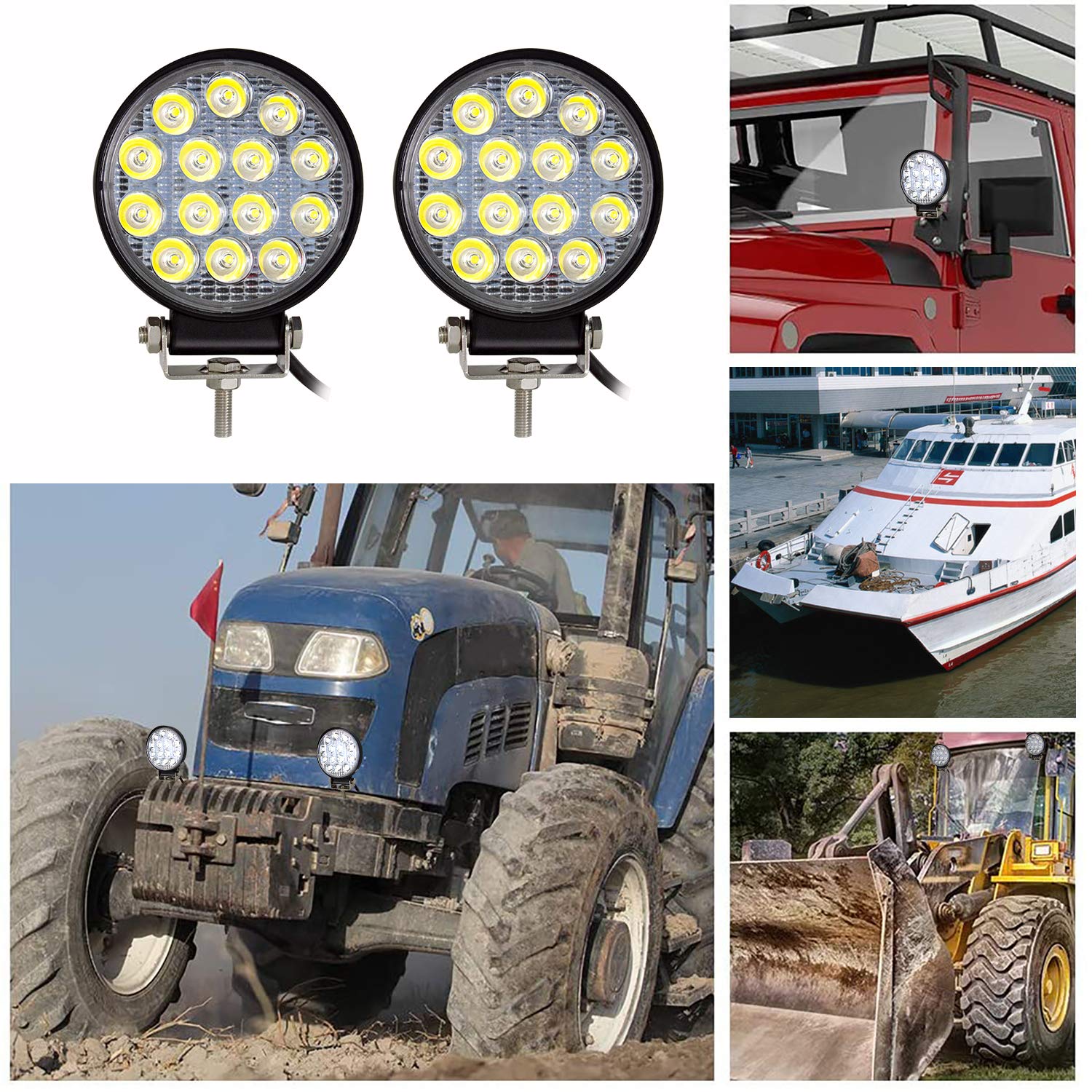 RIGIDON 2 Pcs Round Led Work Light, 4 inch 42W Flood Beam, 12V 24V Driving Lights Lamp for Car Off Road Boat Truck 4x4 SUV ATV Tractors Excavator, 6000K White, Fog Lamp