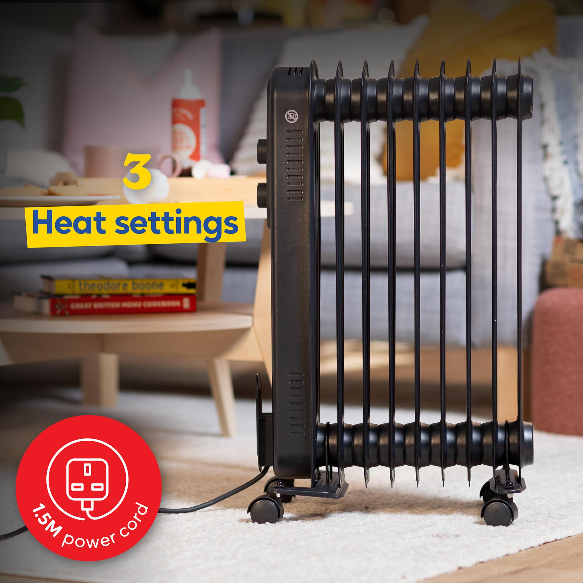 Russell Hobbs 1500W/1.5KW Oil Filled Radiator, 7 Fin Portable Electric Heater - Anthracite, Adjustable Thermostat, 3 Heat Settings, Overheat Protection, 15m sq Room Size, 2 Year Guarantee RHOFR7004A