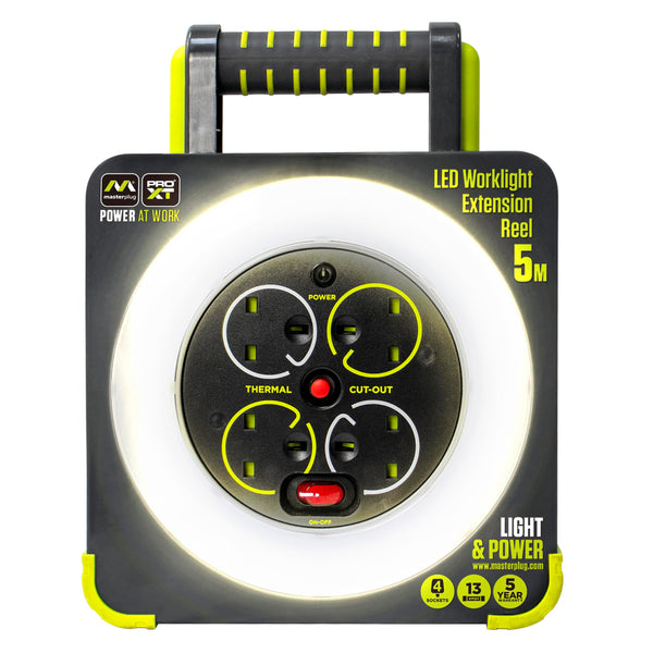 Masterplug Pro-XT Four Socket Open Cable Reel Extension Lead with Winding Handle, Thermal Cut Out and Power Switch, 25 Metres High Visibility Cable , Green