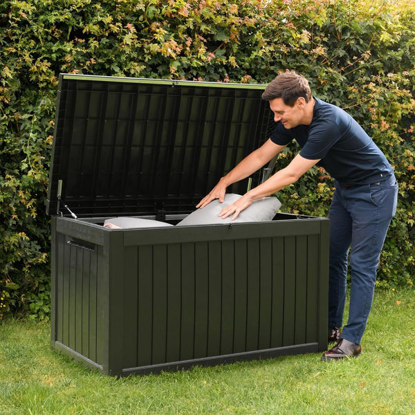 Olsen & Smith 680L Large Garden Storage Box - Weather Resistant Heavy Duty Garden Box with Padlock & Wood Effect - Huge Capacity Outdoor Storage Chest for Tools, Cushions, Toys & More (Anthracite)