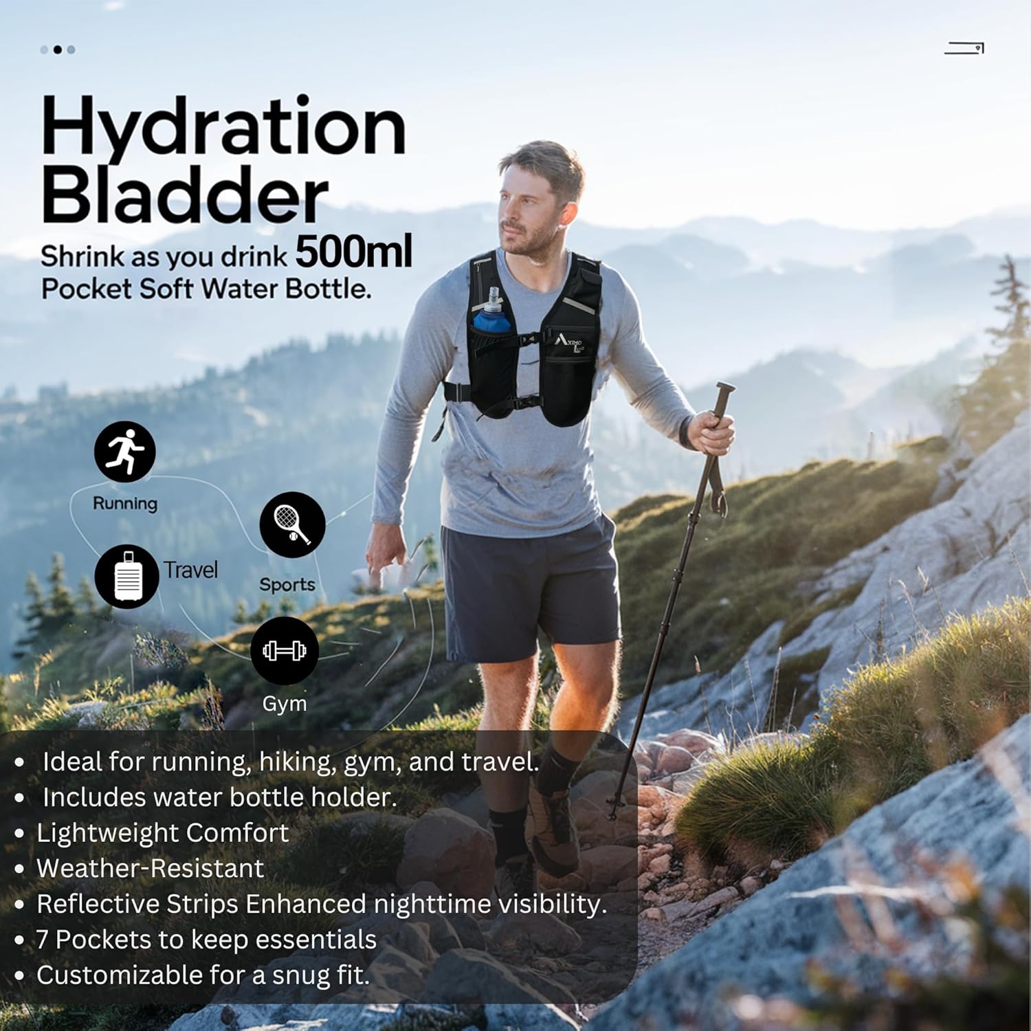 AxLuxe LED Running Vest Women & Men Now with 2 Saftey Lights,7 Pockets Running Vest with Water Bottle (500ml),Running Phone Holder Vest