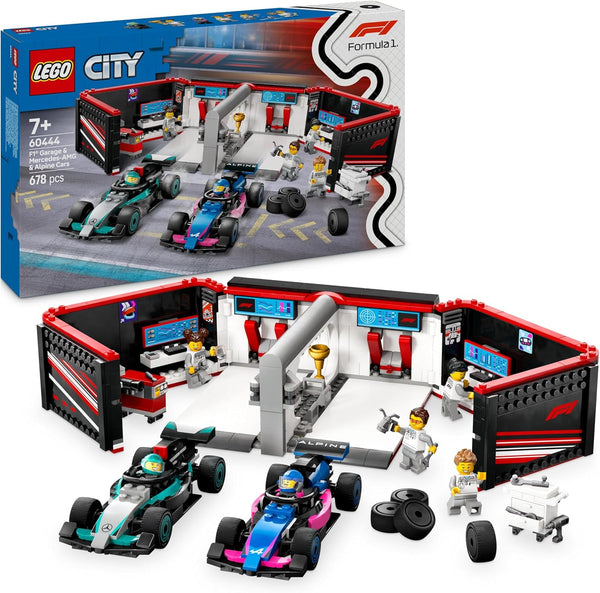 LEGO City F1 Garage & Mercedes-AMG & Alpine Cars - Toy Formula 1 Racing Vehicles Set - Easter Treat with 2 Drivers & 4 Mechanic Minifigures - Gifts for 7+ Year Old Boys & Girls or Adult Fans - 60444