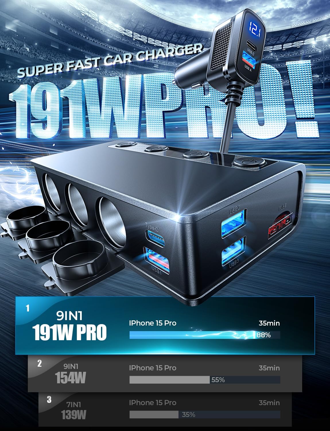 LISEN 9-in-1 Car Cigarette Lighter Multi Socket, 191W Cigarette Lighter Splitter Car 12V Multi Socket Car Charger Adapter Accessories for iPhone 16/15/14, Samsung and All Road Trip Car Devices