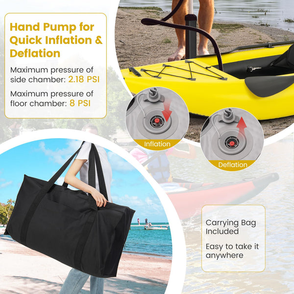 GYMAX Inflatable Kayak Set, 2-Person Inflatable Boat with Aluminum Oars, EVA Padded Seat, Fins, Hand Pump, Repair Kit and Carry Bag, Blow Up Canoe for Lakes, Rivers & Sea Shores