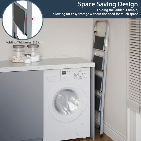 Home Vida 3 Step Ladder - Heavy Duty Steel Folding Ladder with Slip-Resistant and Wide Steps, Folding Mechanism, 150kg Max Load, Home/Kitchen/DIY/Garden Use, White