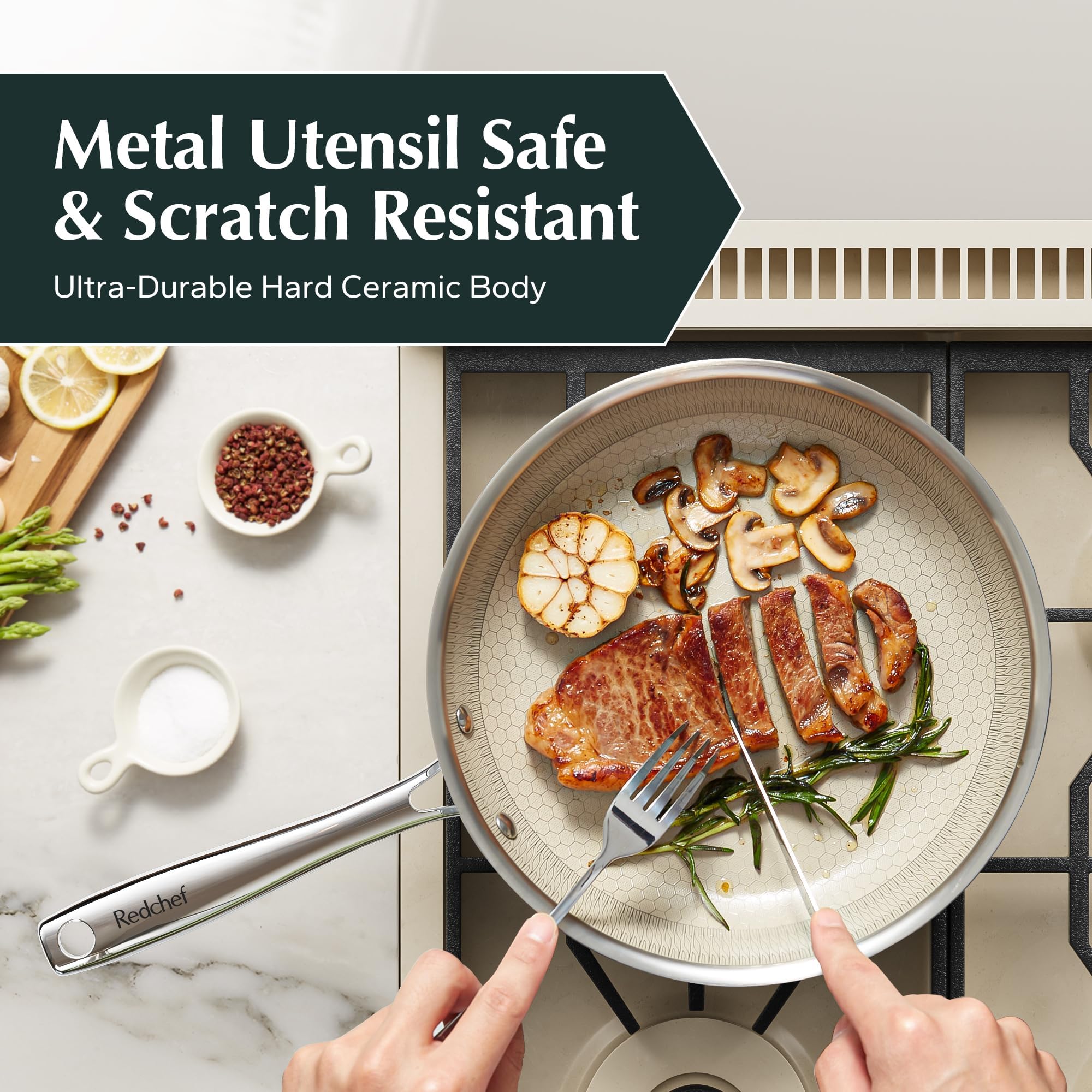 Redchef Non Stick Hybrid Egg/Omelette Pan,20cm Ceramic Frying Pan,Tri-Ply Stainless Steel Skillet,Non Toxic,PFAS PFOA/PTFE Free,Dishwasher/Oven Safe,Suitable for Induction Hobs,8"(Beige)