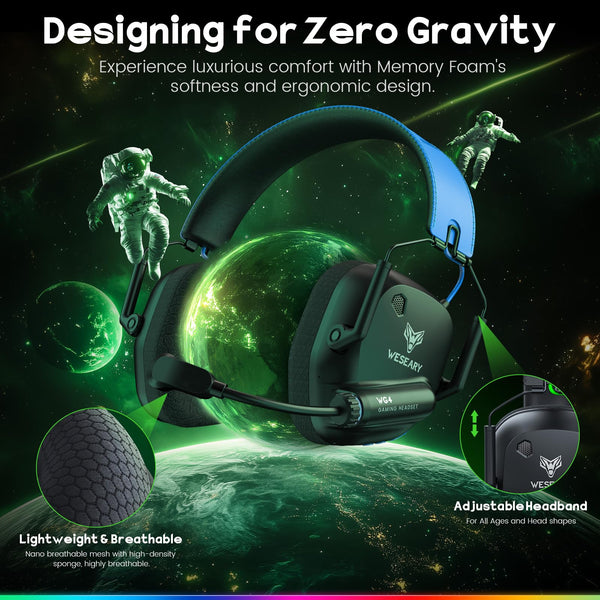 WESEARY Wireless Gaming Headset for PS5, PS4, Mac, Switch, Mobile, 2.4GHz Ultra-Low Latency Gaming Headphones with Crystal-Clear ENC Mic, Bluetooth Gaming Headset for PC, 3D Stereo