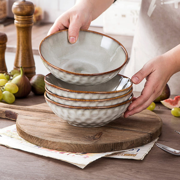 Henten Home Cereal Bowls Stoneware 4-Piece, Beige Bowls Set 25Oz - 750 ml, Bowl Set/Soup Bowls Ceramic/Bowls Ramen/Dipping Bowl