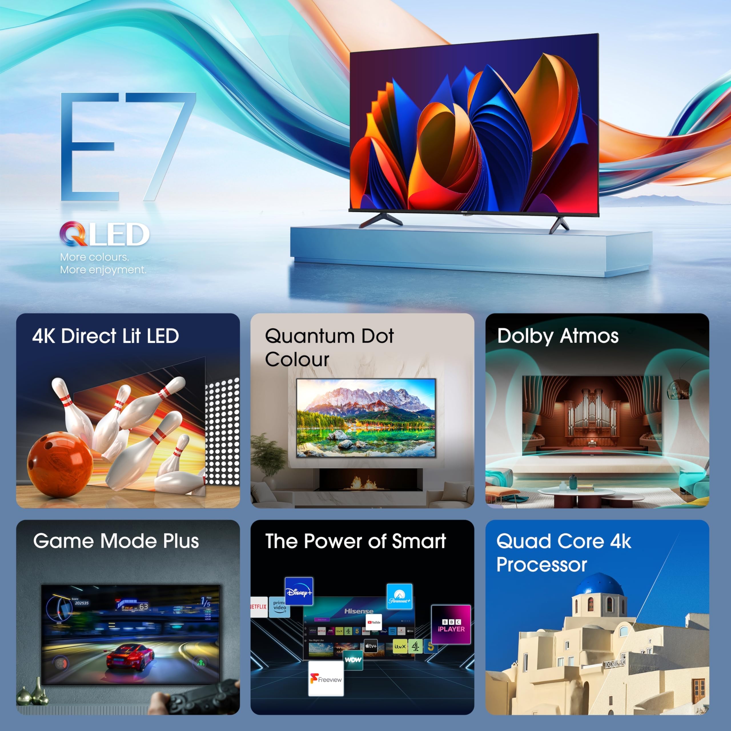 Hisense 55 Inch 4K QLED Smart TV 55E77NQTUK - Quantum Dot Colour, 4K AI Processor, Dolby Vision Atmos, Smooth Motion, Sports Mode, Vidaa OS with Freely, Youtube, Netflix and Disney+ (2024 Model)