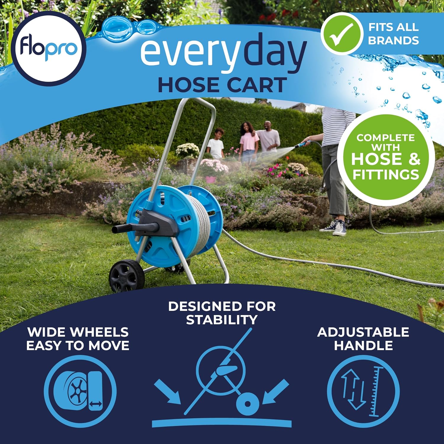 FLOPRO-Everyday Hose cart with Wheels 25m: Robust Frame for Stability, Adjustable Handle & Wide Wheels. Complete with SUPERGRIP Hose Pipe Connector Set & Nozzle- Fits All Brands. 3 Year Guarantee