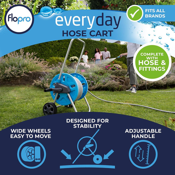 FLOPRO-Everyday Hose cart with Wheels 25m: Robust Frame for Stability, Adjustable Handle & Wide Wheels. Complete with SUPERGRIP Hose Pipe Connector Set & Nozzle- Fits All Brands. 3 Year Guarantee