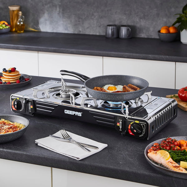 Geepas Gas Stove Single Burner – Portable Camping Stove BBQ Cooker with Carry Case, Outdoor Grill Plate – Automatic Ignition System, Enamel Pan Support, Butane Can or LPG Gas Source