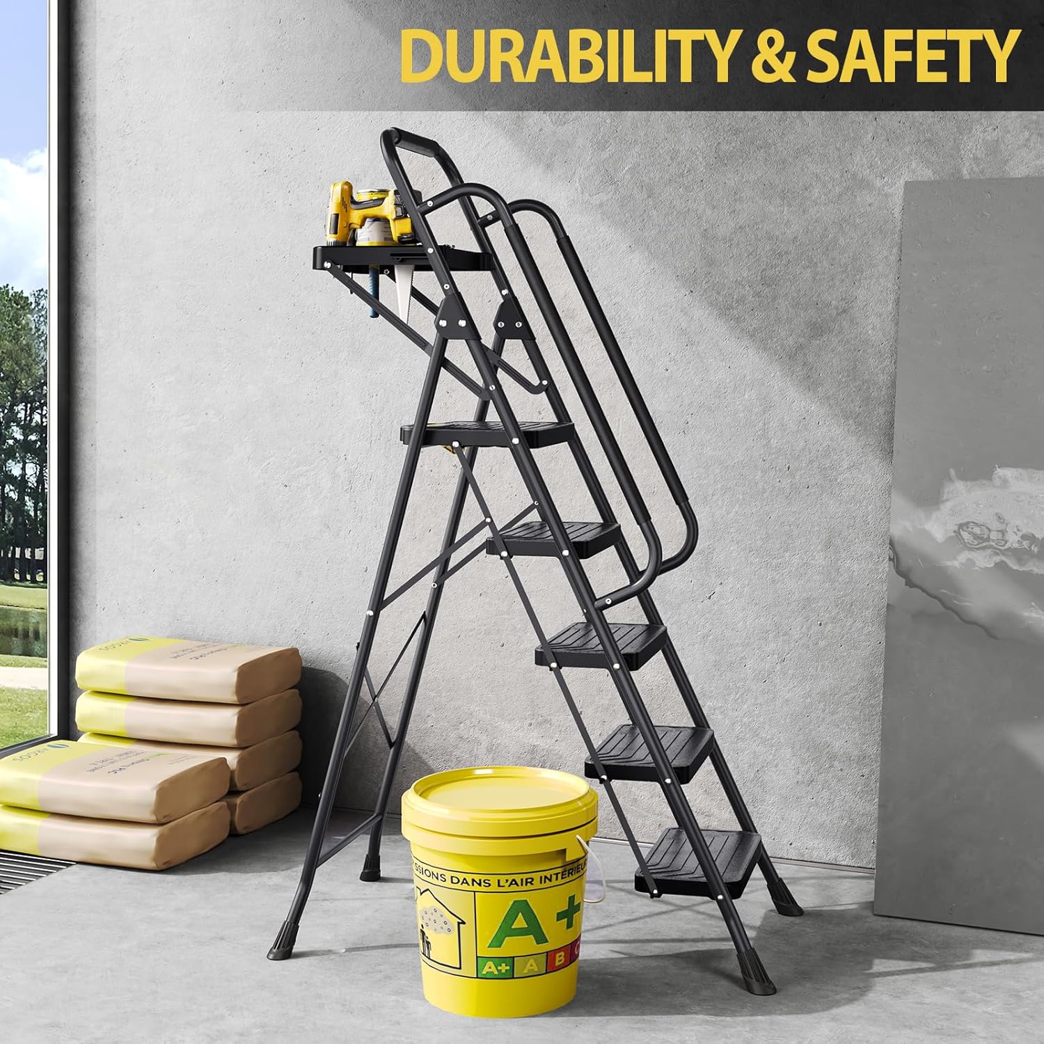 KINGRACK Folding 3-Step Ladder with Non-Slip Pedals, Sturdy Steel, Lightweight & Portable, Red