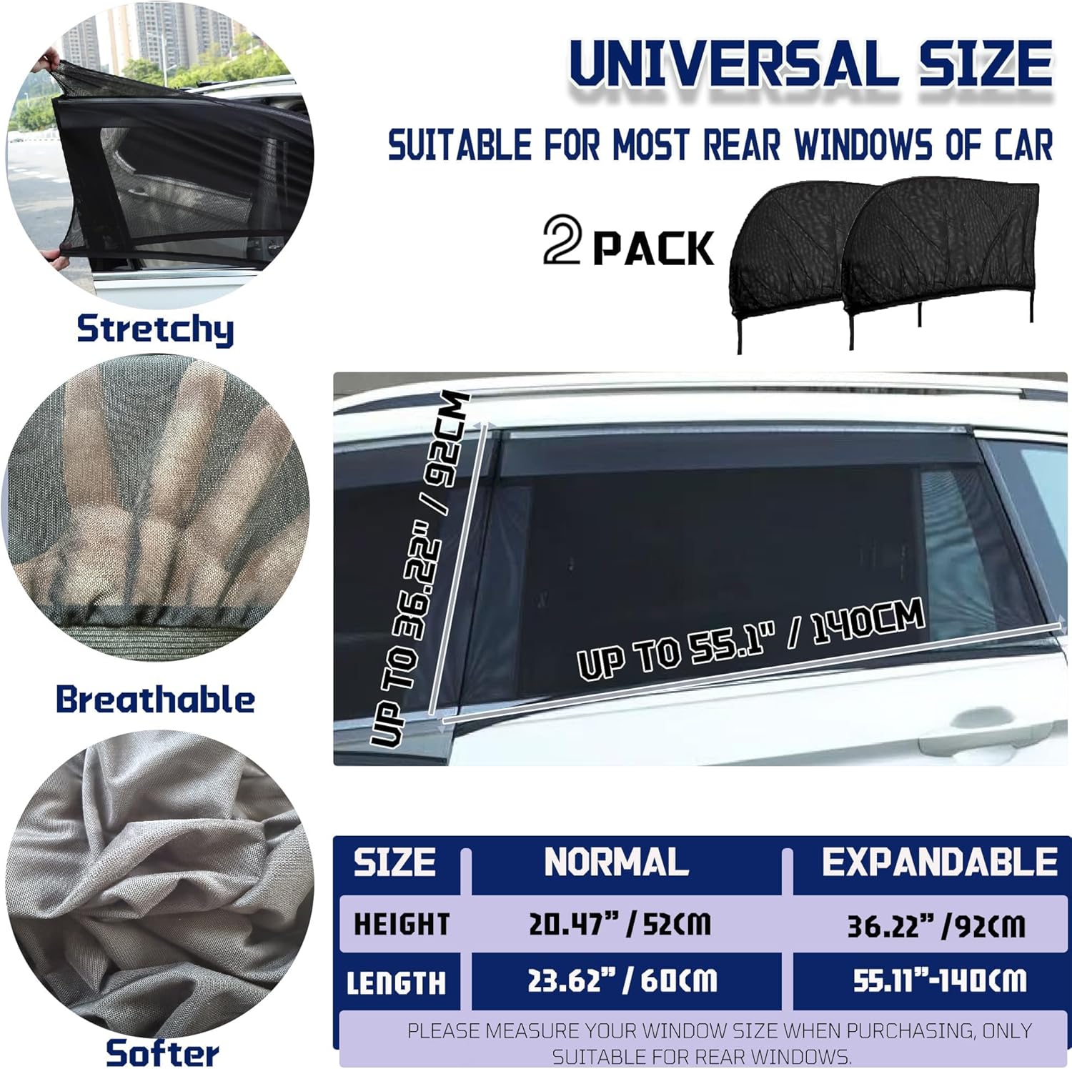 Car Front Window Shades, OUTTDID 2 Pack Side Window Sun Shades, Car Heat and UV Protection Stretchy Mosquito Net Cover Fit Cars SUVs - Up to 80x126cm