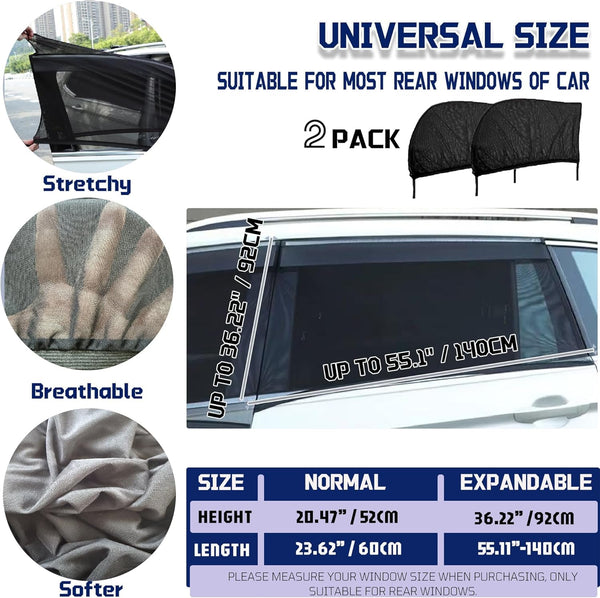 Car Front Window Shades, OUTTDID 2 Pack Side Window Sun Shades, Car Heat and UV Protection Stretchy Mosquito Net Cover Fit Cars SUVs - Up to 80x126cm