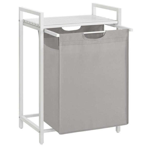 VASAGLE Laundry Basket, Laundry Hamper, Pull-Out and Removable Liner Bag, Shelf, Metal Frame, 65 L, 50 x 33 x 72 cm, Ink Black and Rustic Brown BLH101B01