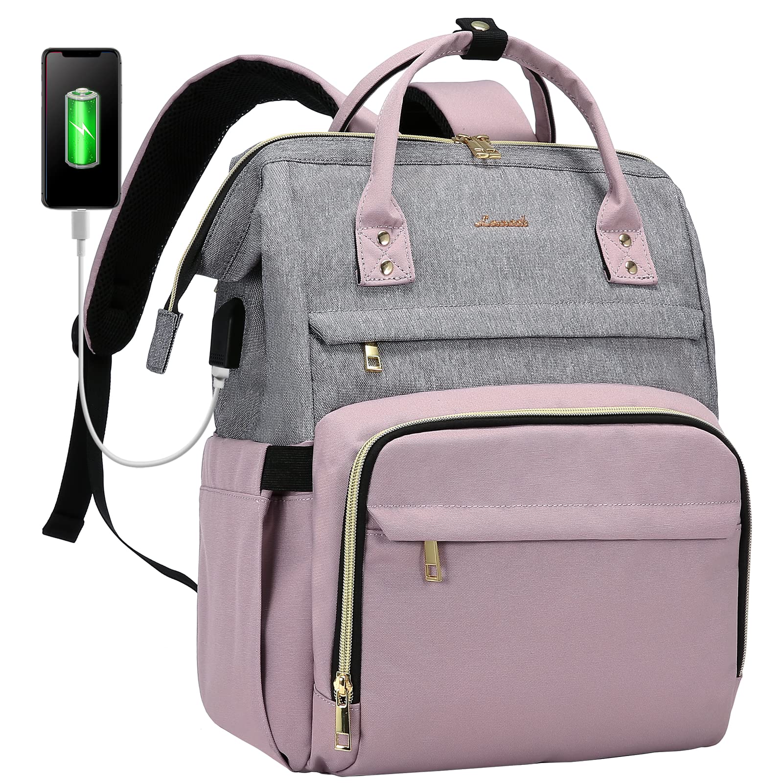 LOVEVOOK Laptop Backpack Women 15.6 inch, Work Bags for Womens, School Computer Bag with USB Port for Business College Travel, Rucksack for Teacher Nurse,BeigeGrey