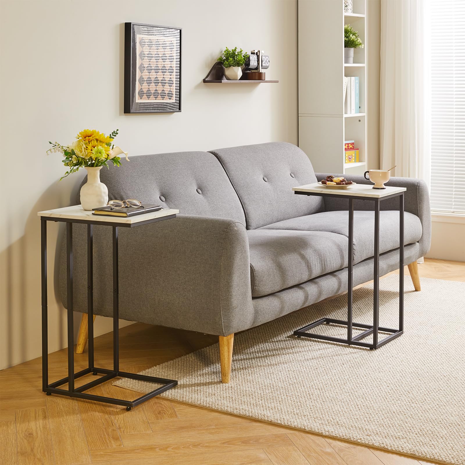 Aibiju Set of 2 C Shaped End Table for Sofa, Bedside Table, Couch Table with Metal Frame for living Room, Bedroom, Balcony, White Faux Marble and