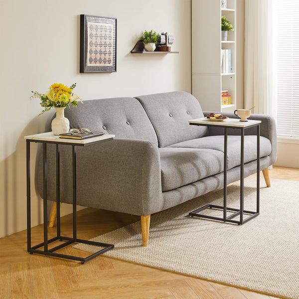 Aibiju Set of 2 C Shaped End Table for Sofa, Bedside Table, Couch Table with Metal Frame for living Room, Bedroom, Balcony, White Faux Marble and