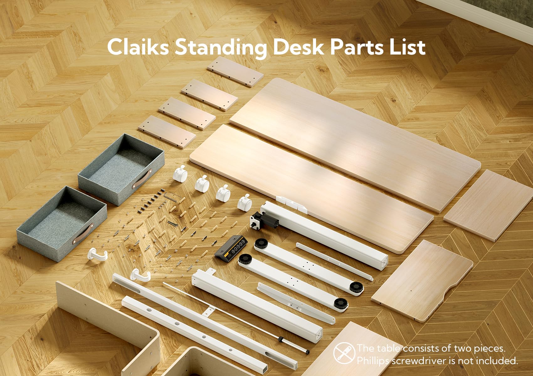 Claiks Electric Standing Desk with Drawers, 120x60cm Height Adjustable Desk with Storage Shelf and Splice Board, Stand Up Desk for Home Office, White Frame/Maple Top