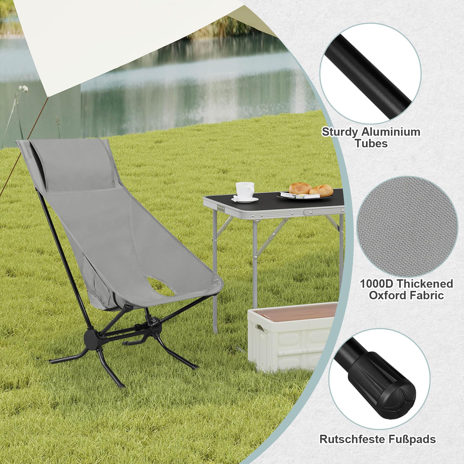 WOLTU Folding Camping Chair, Ultra Lightweight Alu Outdoor Chair, High Back, Portable Chair with Carrying Bag for Fishing, Picnic, Hiking, Heavy Duty 150kg Capacity, Black