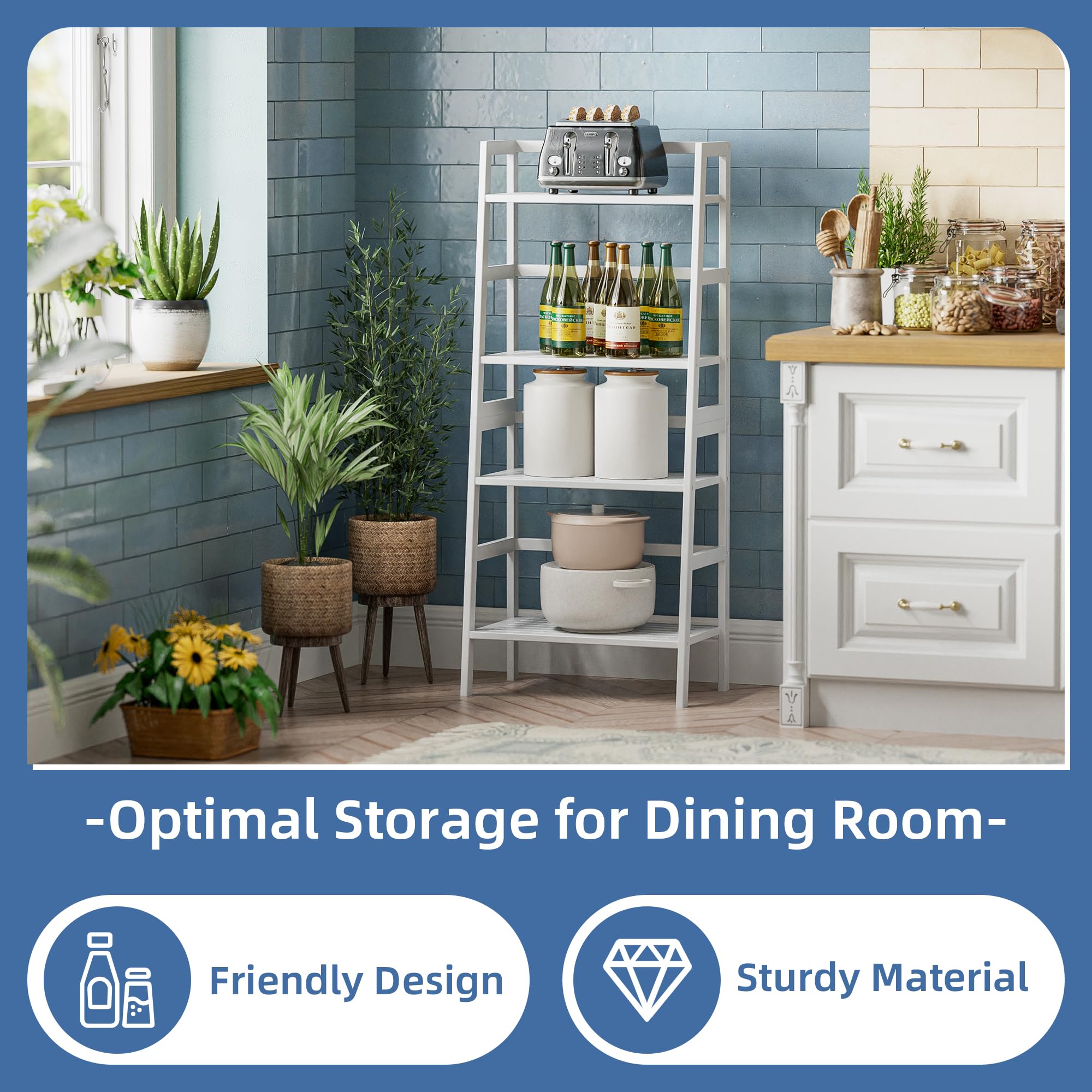 HITNET White Ladder Bookshelf, Leaning Bookcase, 4-Tier Bamboo Shelf, Floor Standing Storage Shelving Unit, Open Display Book Shelves