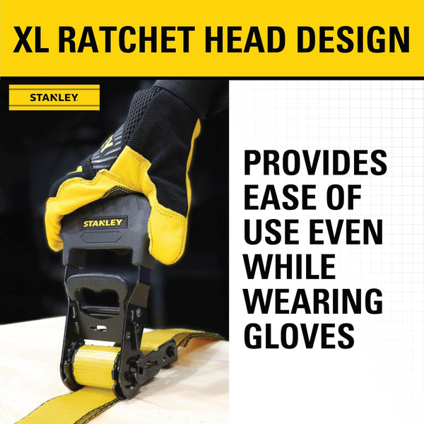 STANLEY S1007 Black/Yellow 1.5" x 16' Ratchet Tie Down Straps - 1,100 lb Safe Working Load / 3,300 lb Break Strength, 2 Pack