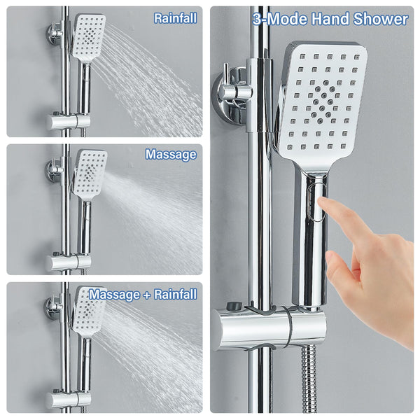Rozin Shower Riser Rail Kit Adjustable Chrome 2 Functions Square Overhead 29 * 19cm and Hand Shower Stainless Steel Easy Install